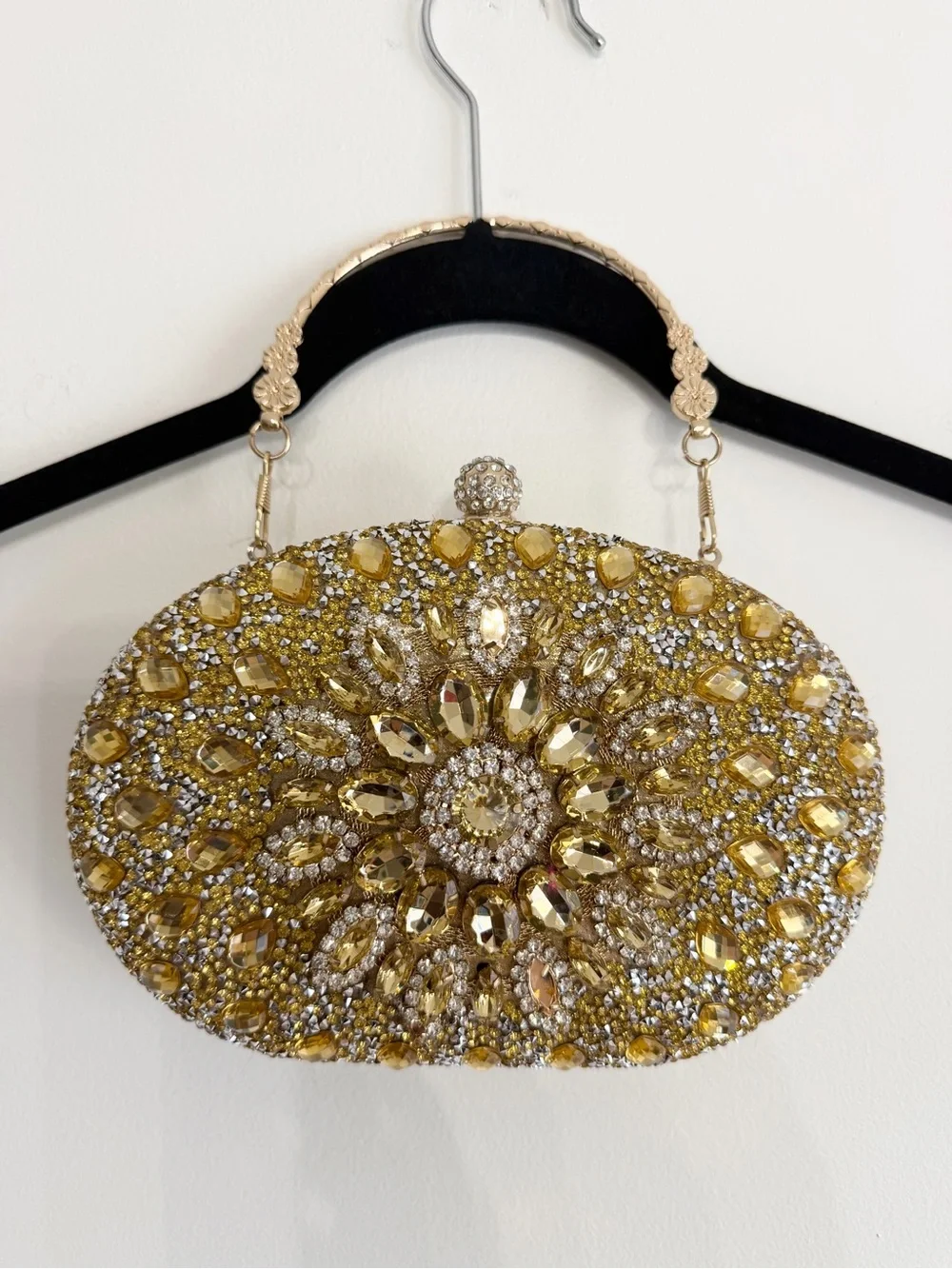 Gold Jeweled Oval Evening Clutch with Top Handle